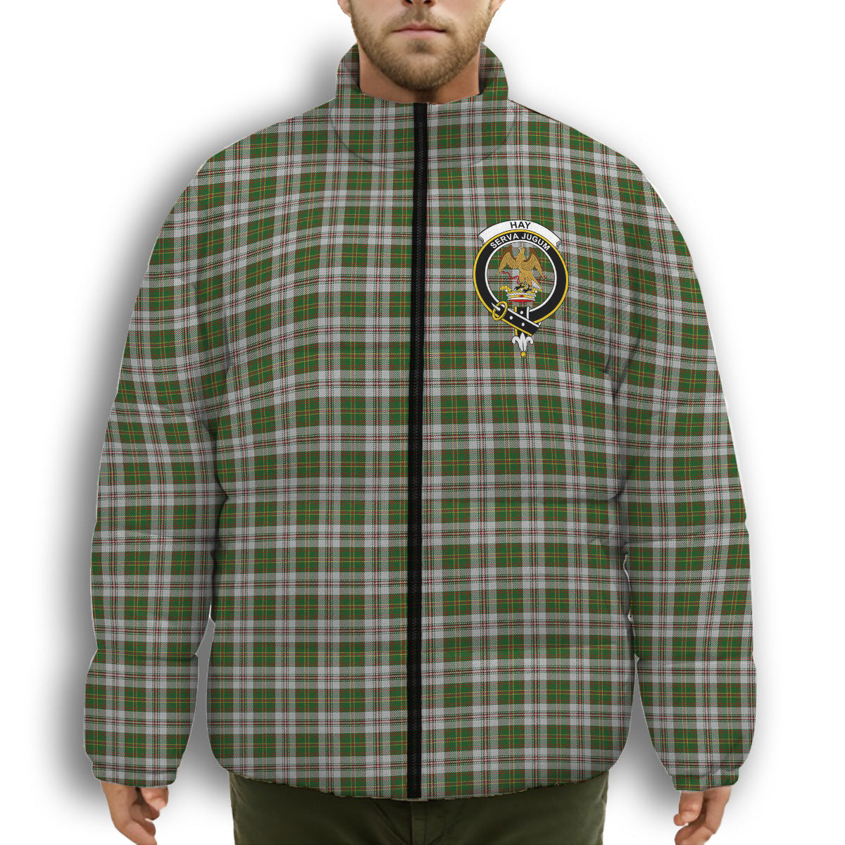 ScotsTee Shop Scottish Hay White Dress Crest Tartan Collar Down Jacket Winter White Duck Down Plaid