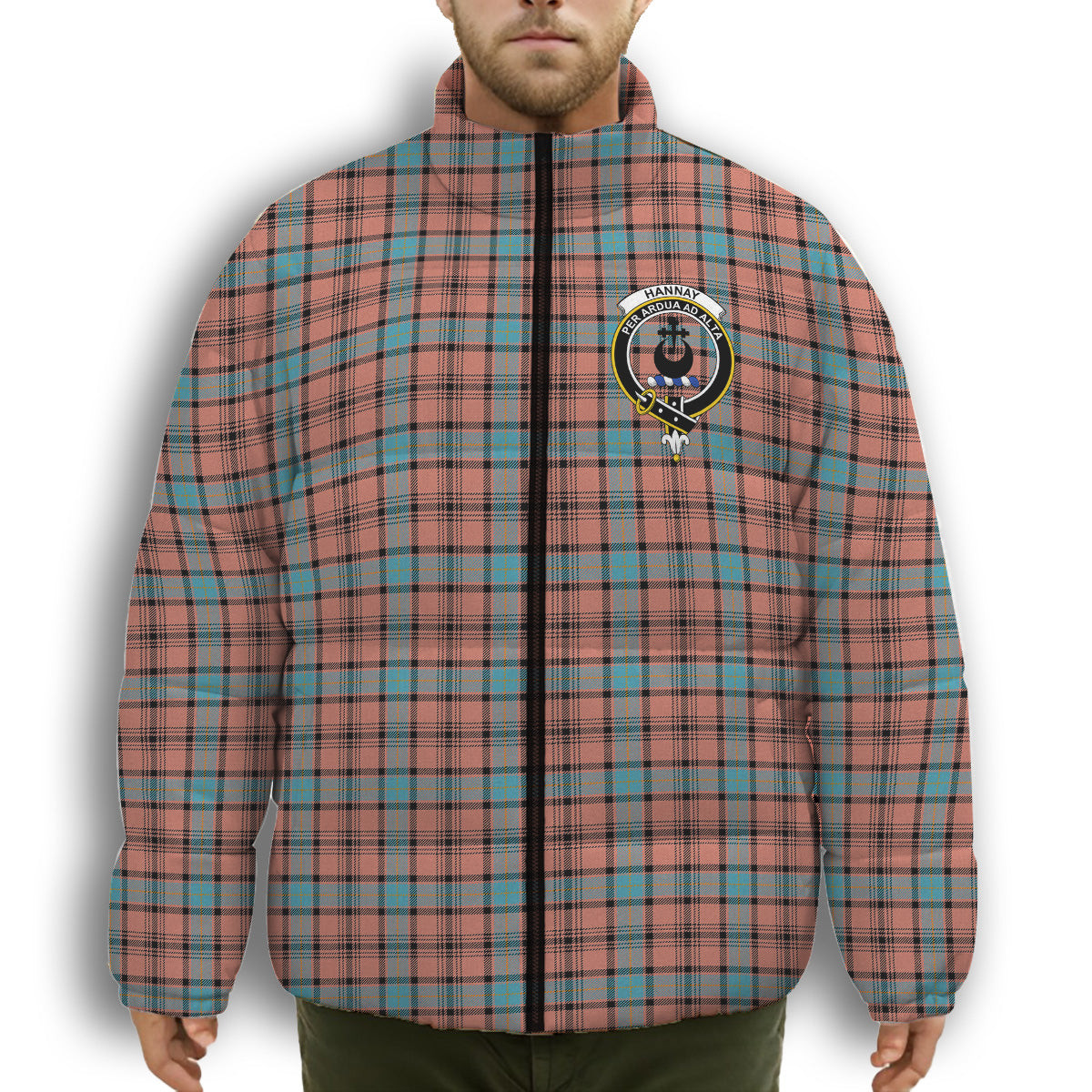 ScotsTee Shop Scottish Hannay Dress Ancient Crest Tartan Collar Down Jacket Winter White Duck Down Plaid