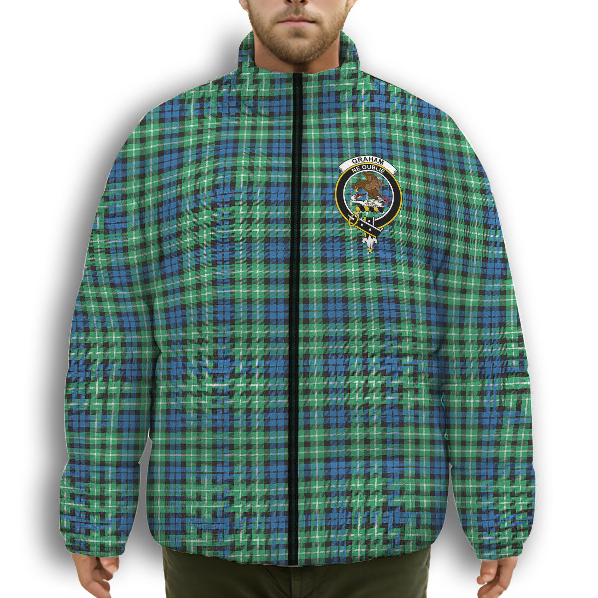 ScotsTee Shop Scottish Graham of Montrose Ancient Crest Tartan Collar Down Jacket Winter White Duck Down Plaid