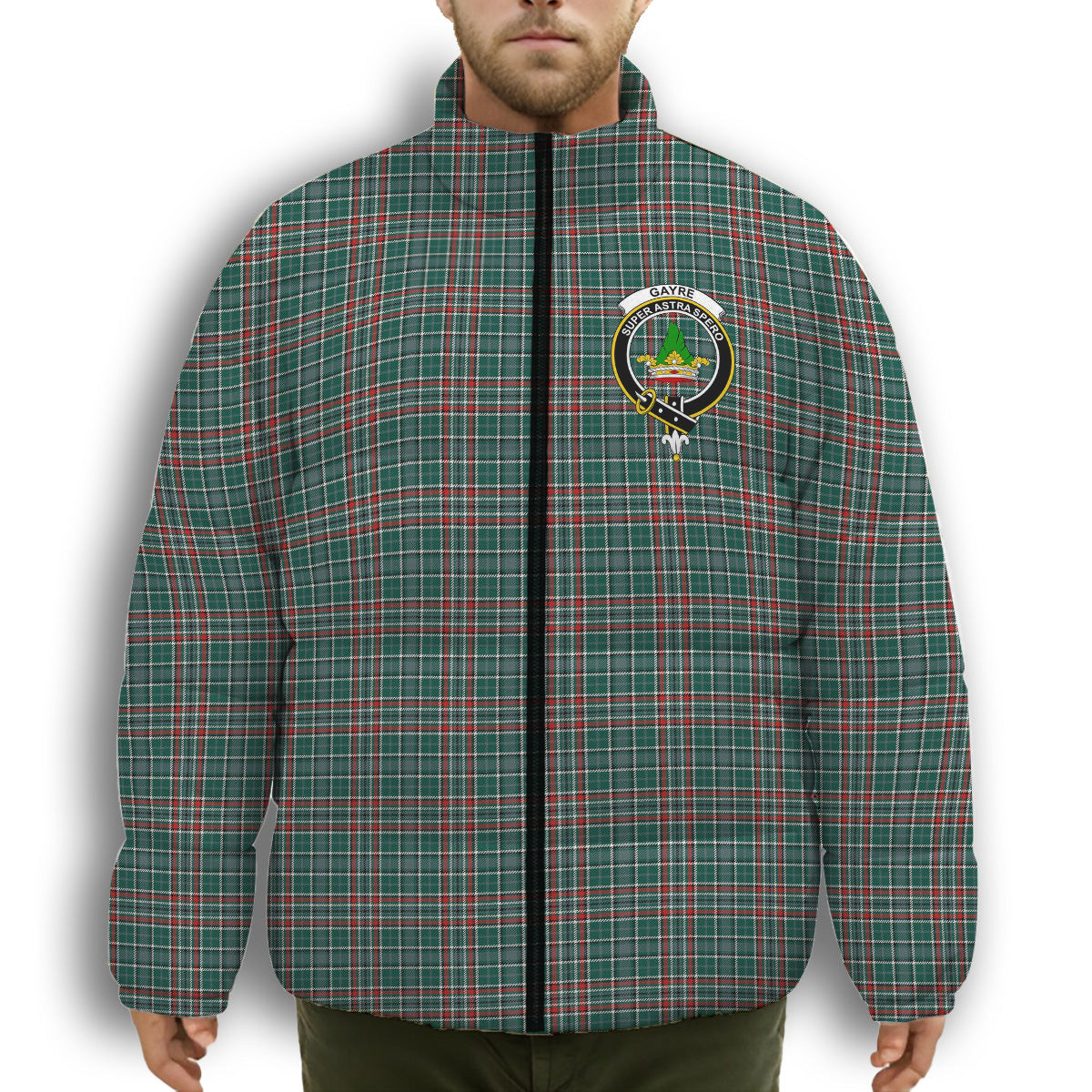 ScotsTee Shop Scottish Gayre Dress Modern Crest Tartan Collar Down Jacket Winter White Duck Down Plaid