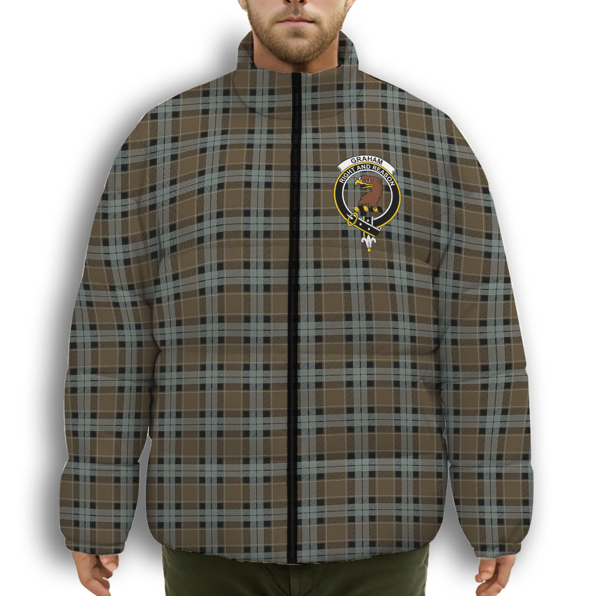 ScotsTee Shop Scottish Graham of Menteith Weathered Crest Tartan Collar Down Jacket Winter White Duck Down Plaid