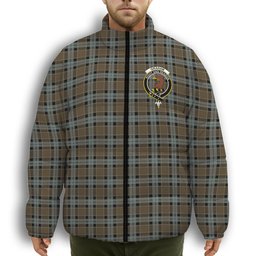 ScotsTee Shop Scottish Graham of Menteith Weathered Crest Tartan Collar Down Jacket Winter White Duck Down Plaid
