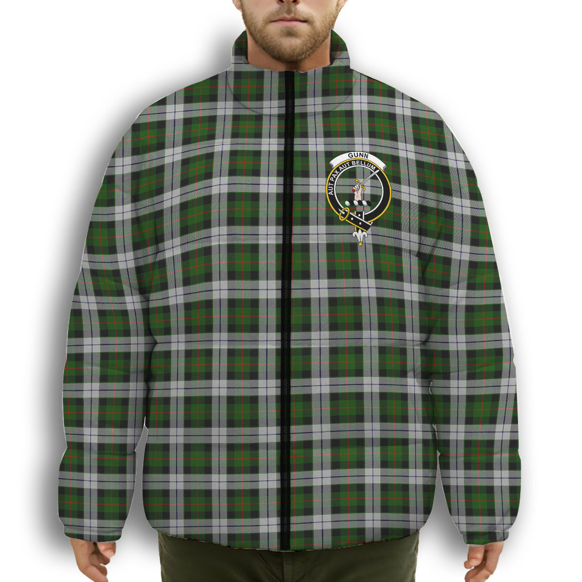 ScotsTee Shop Scottish Gunn Mrs Jane of Kirkhill House Wick Crest Tartan Collar Down Jacket Winter White Duck Down Plaid