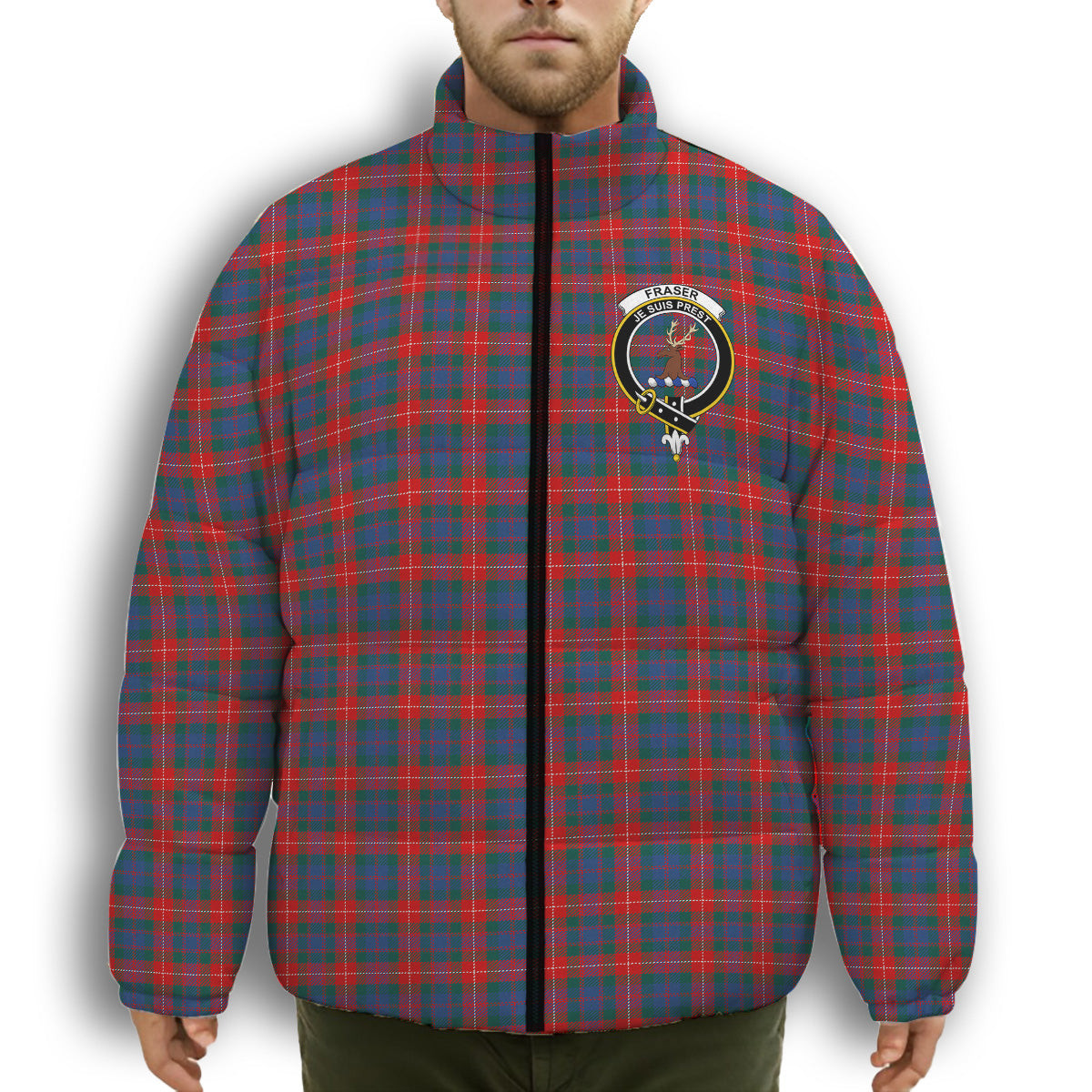 ScotsTee Shop Scottish Fraser of Lovat Modern Crest Tartan Collar Down Jacket Winter White Duck Down Plaid