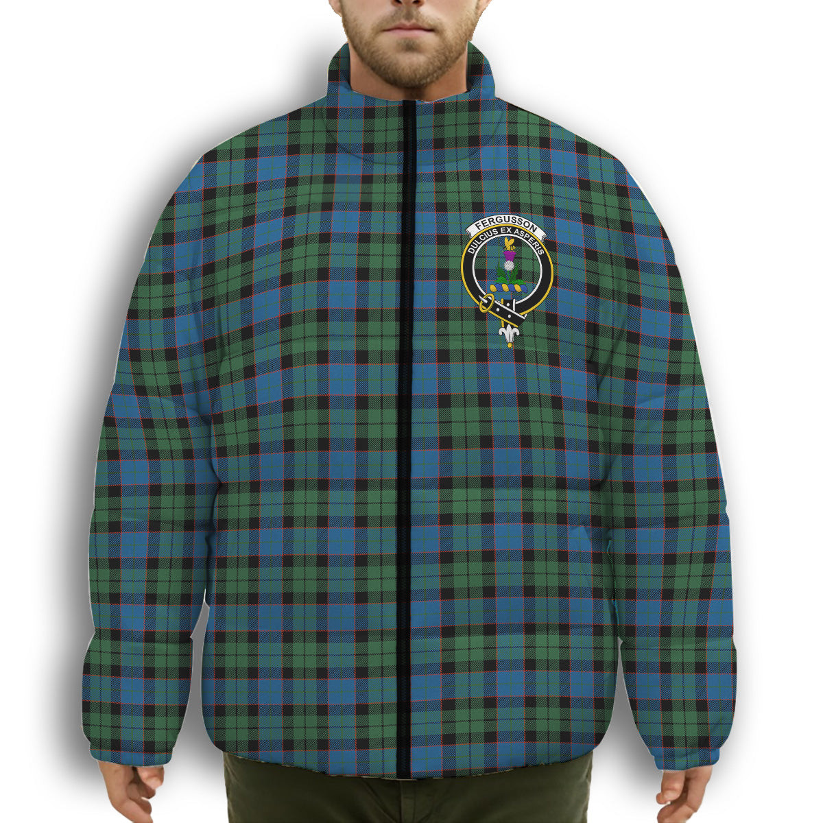ScotsTee Shop Scottish Fergusson of Balquhidder Ancient Crest Tartan Collar Down Jacket Winter White Duck Down Plaid