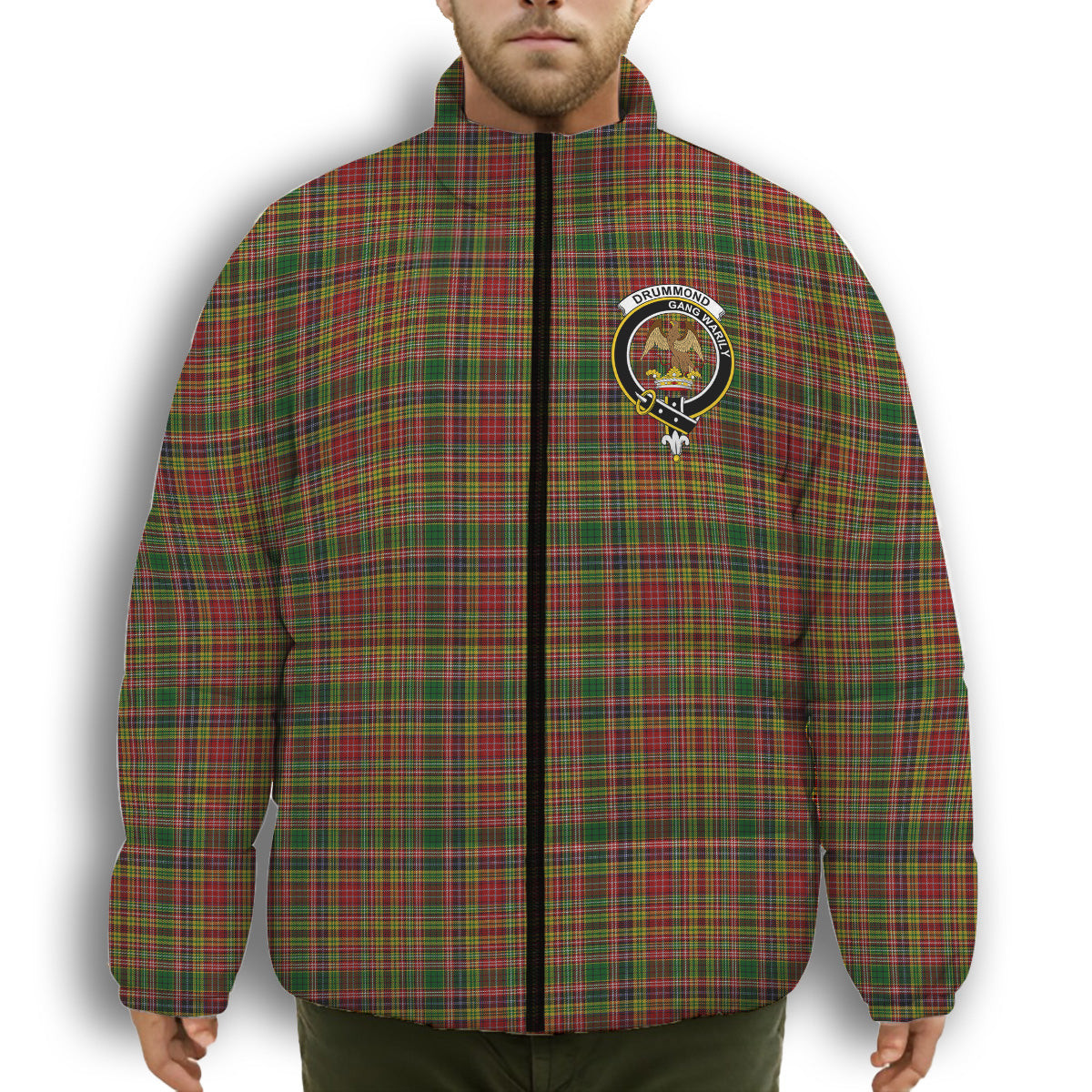 ScotsTee Shop Scottish Drummond of Strathallan Crest Tartan Collar Down Jacket Winter White Duck Down Plaid