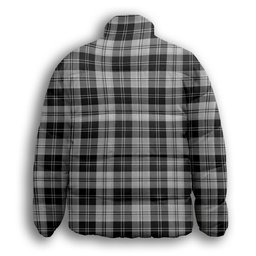 ScotsTee Shop Scottish Erskine Black and White Crest Tartan Collar Down Jacket Winter White Duck Down Plaid