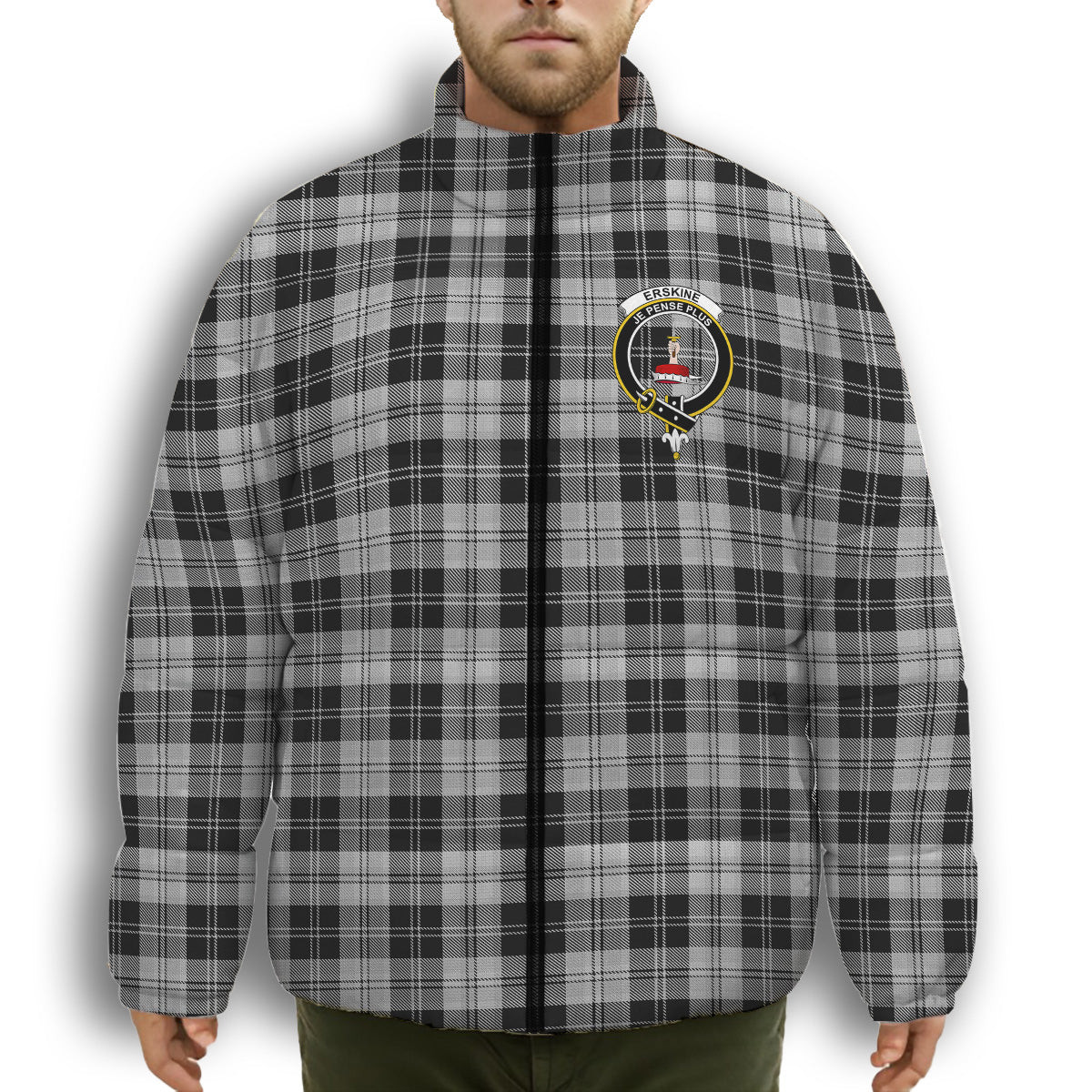 ScotsTee Shop Scottish Erskine Black and White Crest Tartan Collar Down Jacket Winter White Duck Down Plaid