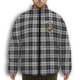 ScotsTee Shop Scottish Erskine Black and White Crest Tartan Collar Down Jacket Winter White Duck Down Plaid