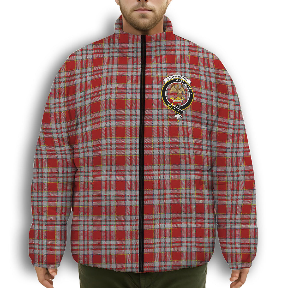 ScotsTee Shop Scottish Drummond of Perth Dress 3 Crest Tartan Collar Down Jacket Winter White Duck Down Plaid