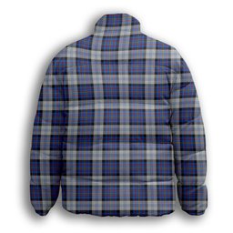 ScotsTee Shop Scottish Gillies Dress Blue Crest Tartan Collar Down Jacket Winter White Duck Down Plaid