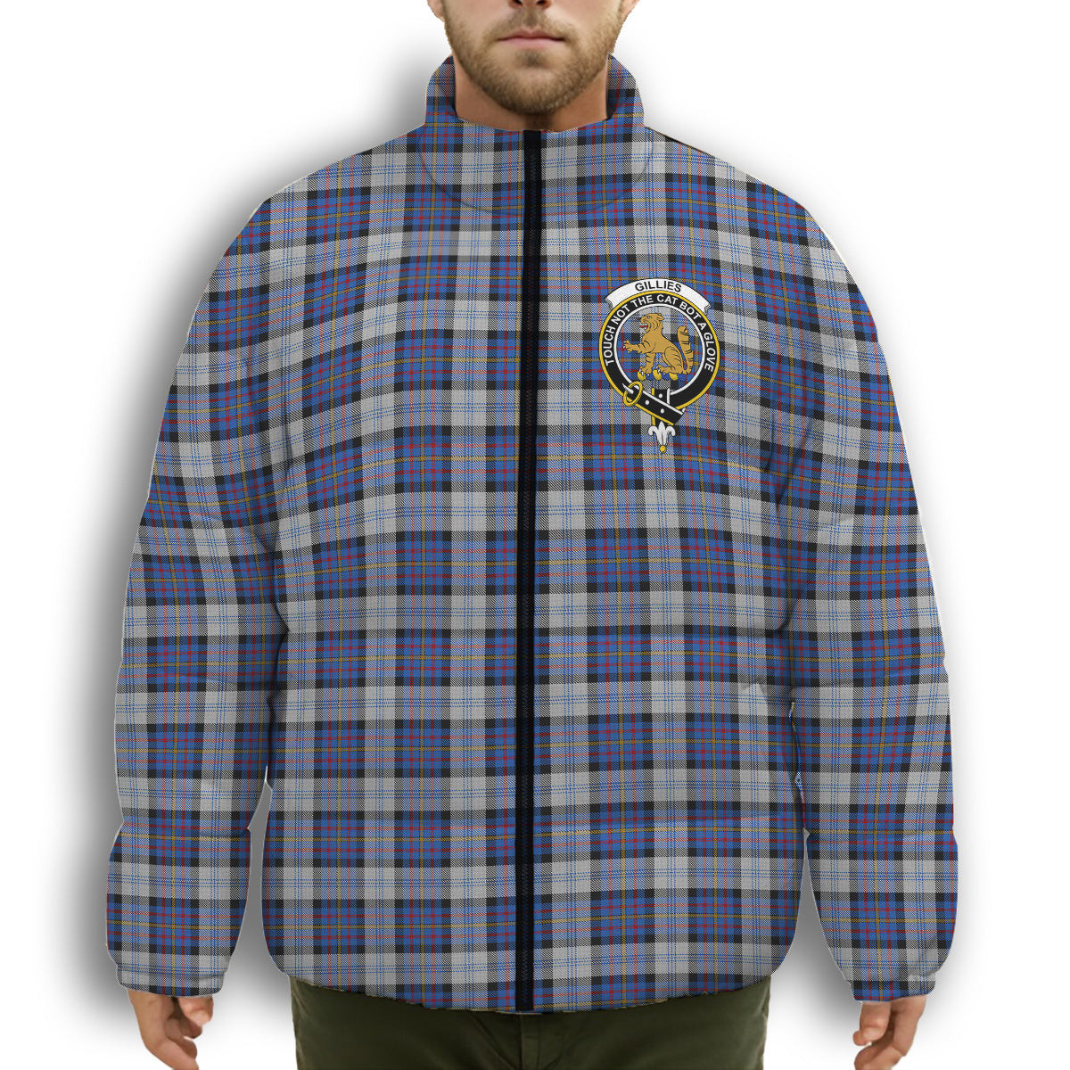 ScotsTee Shop Scottish Gillies Dress Blue Crest Tartan Collar Down Jacket Winter White Duck Down Plaid
