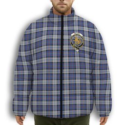 ScotsTee Shop Scottish Gillies Dress Blue Crest Tartan Collar Down Jacket Winter White Duck Down Plaid