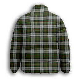 ScotsTee Shop Scottish Gillies Dress Green Crest Tartan Collar Down Jacket Winter White Duck Down Plaid