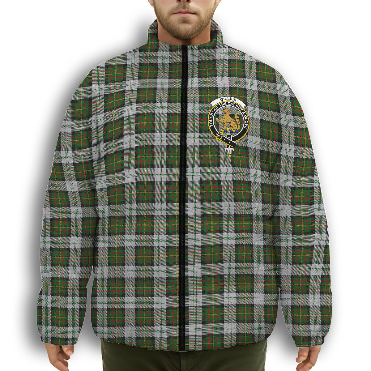 ScotsTee Shop Scottish Gillies Dress Green Crest Tartan Collar Down Jacket Winter White Duck Down Plaid