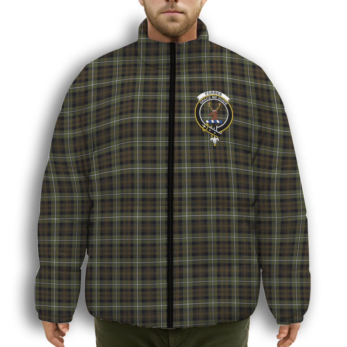ScotsTee Shop Scottish Forbes of Druminnor Crest Tartan Collar Down Jacket Winter White Duck Down Plaid