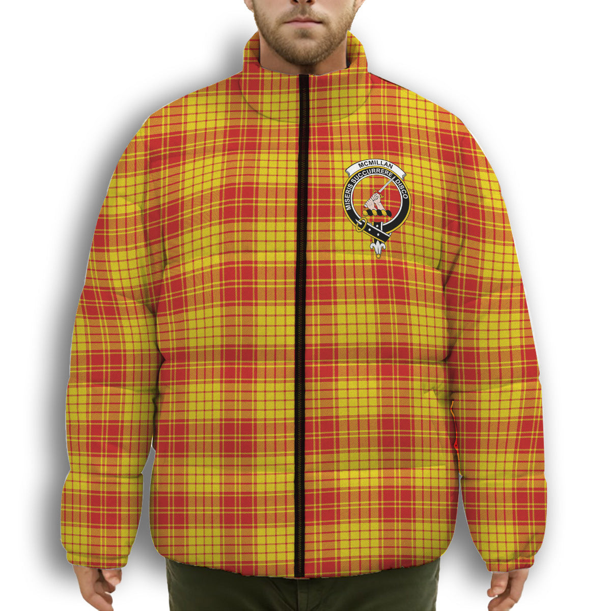 ScotsTee Shop Scottish McMillan Dress Modern Crest Tartan Collar Down Jacket Winter White Duck Down Plaid