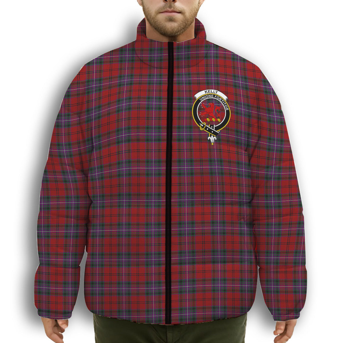 ScotsTee Shop Scottish Kelly of Sleat Red Crest Tartan Collar Down Jacket Winter White Duck Down Plaid
