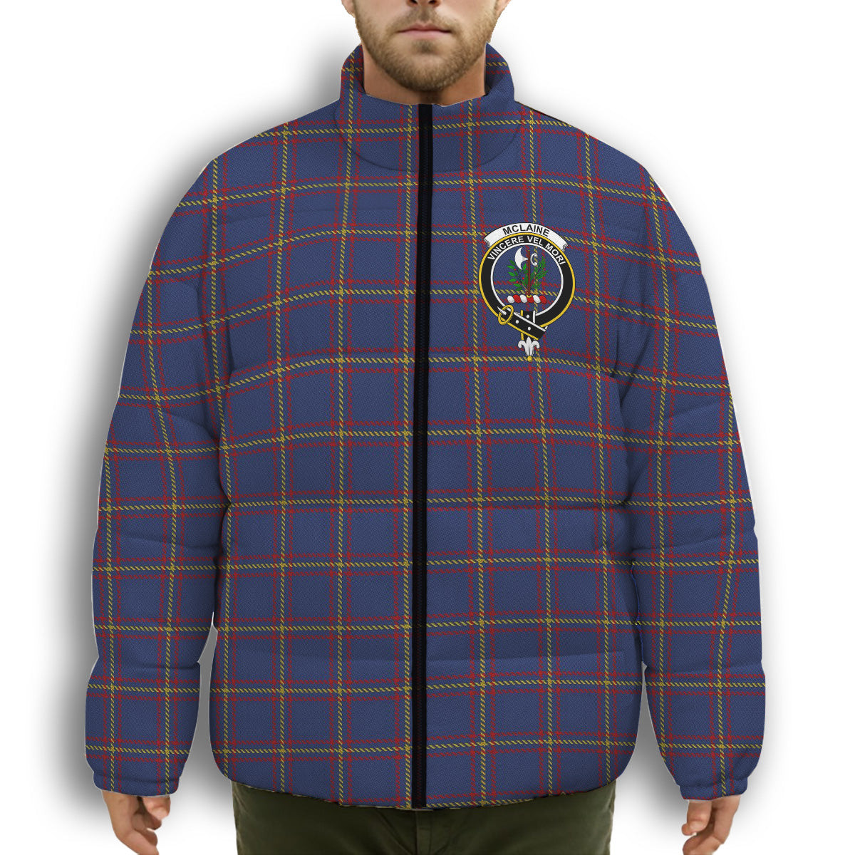 ScotsTee Shop Scottish McLaine of Lochbuie Crest Tartan Collar Down Jacket Winter White Duck Down Plaid