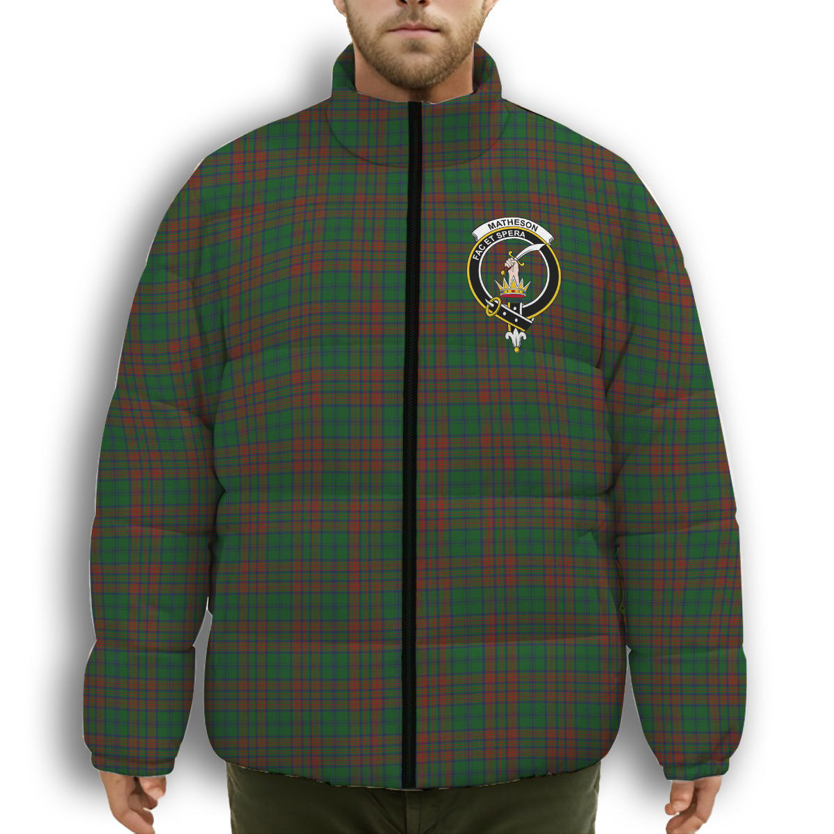 ScotsTee Shop Scottish Matheson Hunting Highland Society of London Crest Tartan Collar Down Jacket Winter White Duck Down Plaid