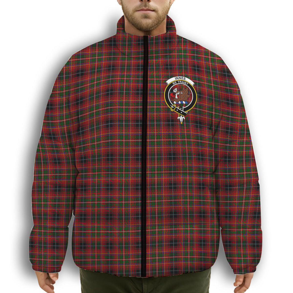ScotsTee Shop Scottish Innes of Moray Crest Tartan Collar Down Jacket Winter White Duck Down Plaid