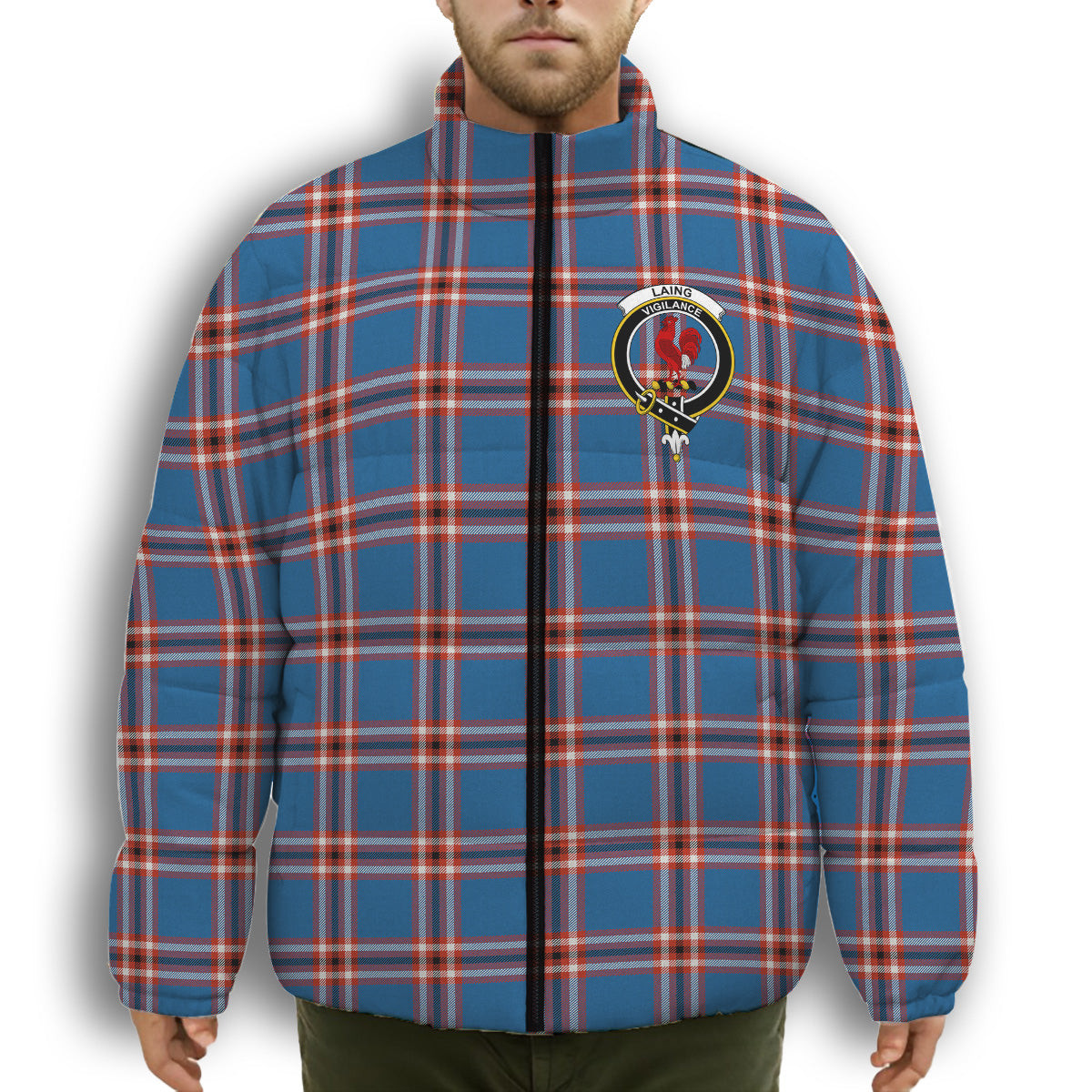 ScotsTee Shop Scottish Laing of Archiestown Ancient Crest Tartan Collar Down Jacket Winter White Duck Down Plaid