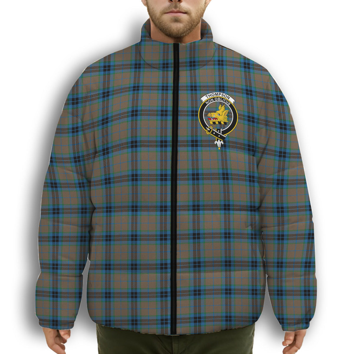 ScotsTee Shop Scottish Thompson Society Hunting Ancient Crest Tartan Collar Down Jacket Winter White Duck Down Plaid