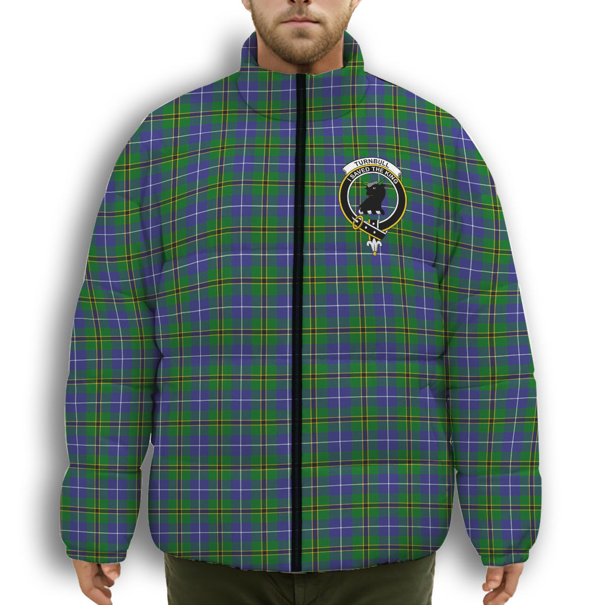 ScotsTee Shop Scottish Turnbull Hunting SC Crest Tartan Collar Down Jacket Winter White Duck Down Plaid