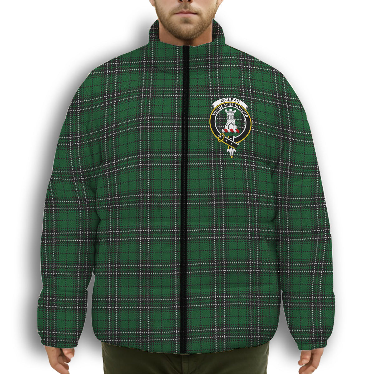 ScotsTee Shop Scottish McLean of Duart Hunting Crest Tartan Collar Down Jacket Winter White Duck Down Plaid
