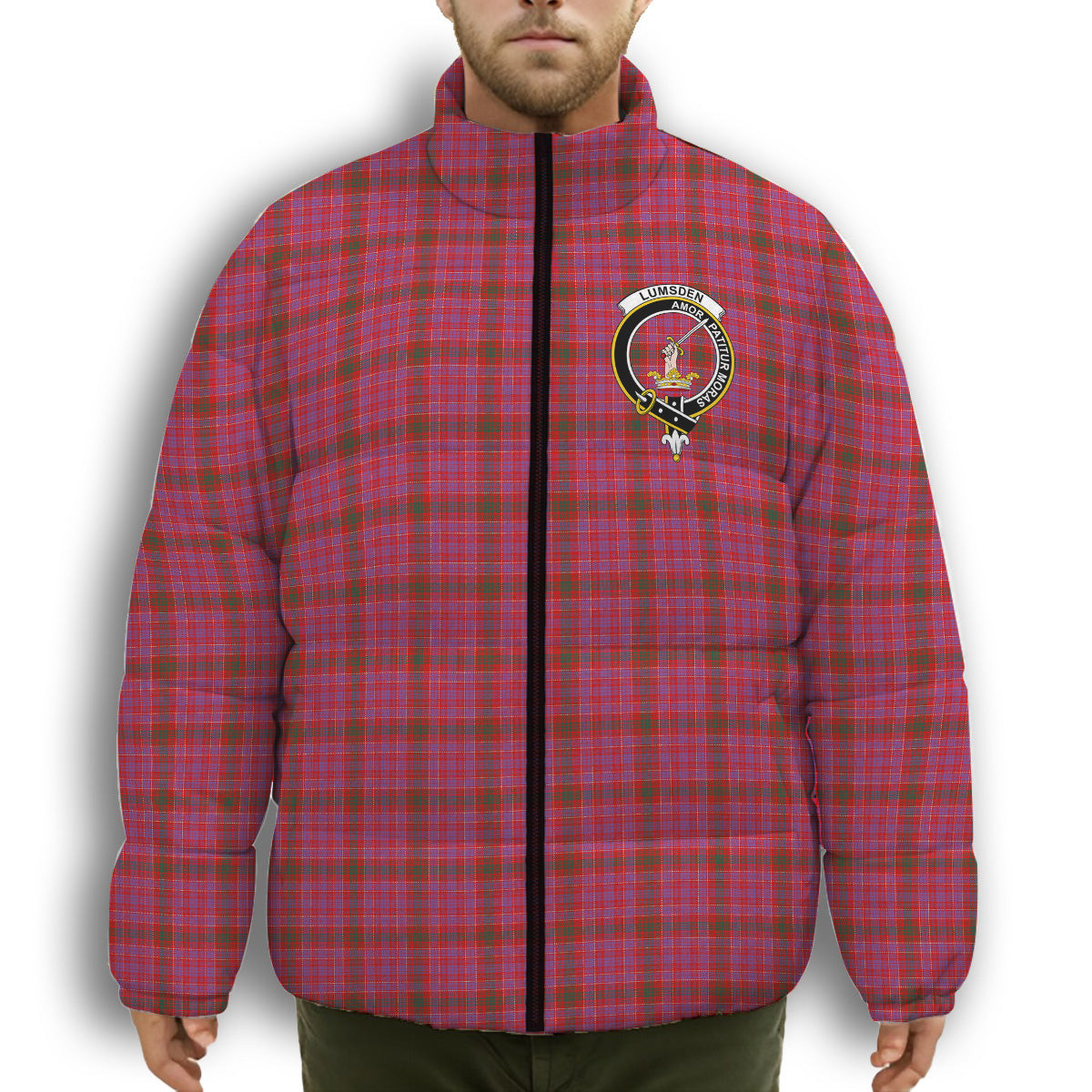 ScotsTee Shop Scottish Lumsden of Clova Modern Crest Tartan Collar Down Jacket Winter White Duck Down Plaid
