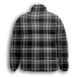 ScotsTee Shop Scottish Menzies Black and White Crest Tartan Collar Down Jacket Winter White Duck Down Plaid