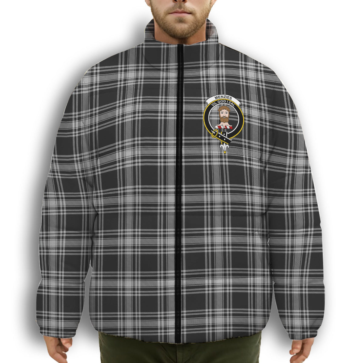 ScotsTee Shop Scottish Menzies Black and White Crest Tartan Collar Down Jacket Winter White Duck Down Plaid