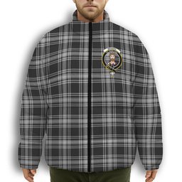 ScotsTee Shop Scottish Menzies Black and White Crest Tartan Collar Down Jacket Winter White Duck Down Plaid