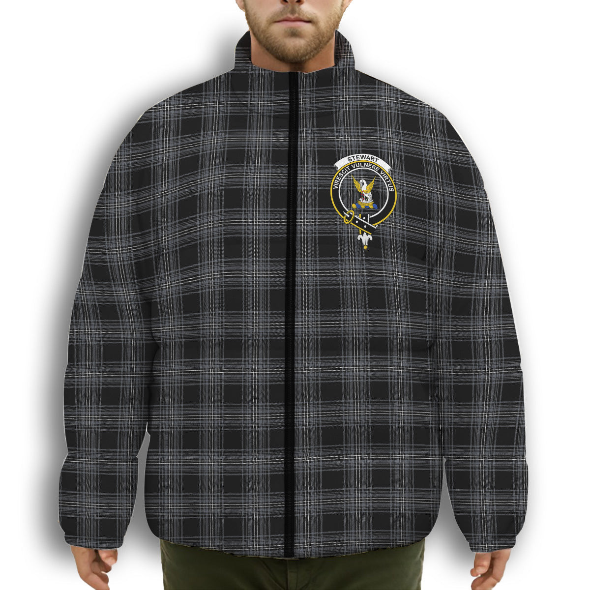 ScotsTee Shop Scottish Stewart Mourning Originaux Modern Clan Crest Tartan Collar Down Jacket Winter White Duck Down Plaid