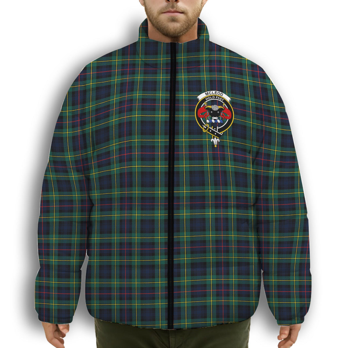 ScotsTee Shop Scottish McLeod of Skye Modern Crest Tartan Collar Down Jacket Winter White Duck Down Plaid