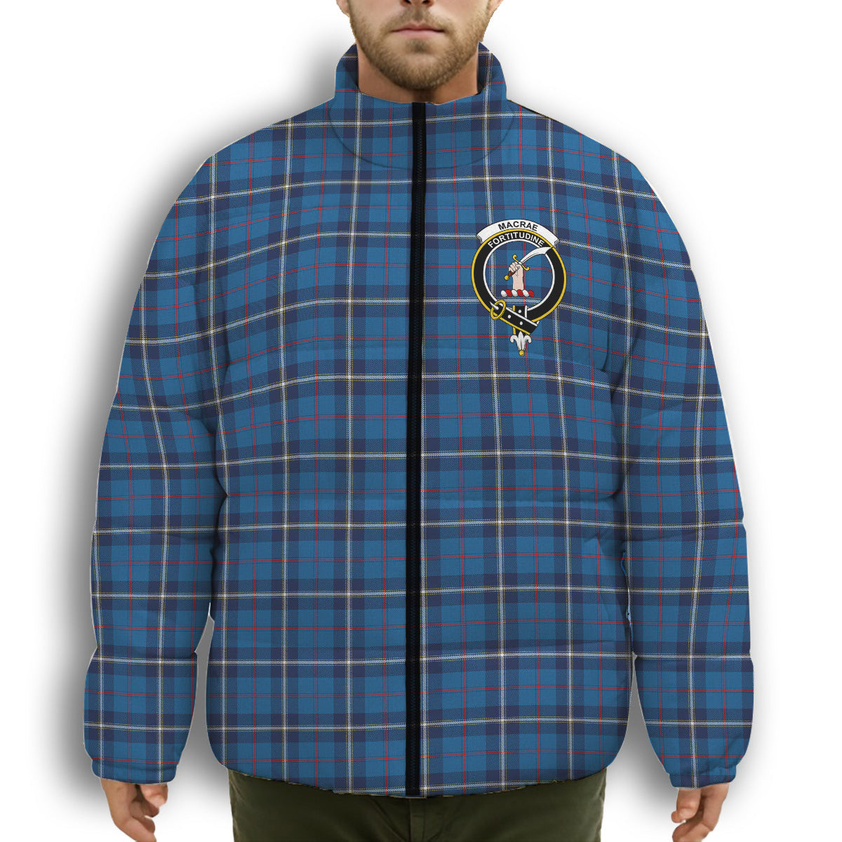 ScotsTee Shop Scottish MacRae of America Modern Crest Tartan Collar Down Jacket Winter White Duck Down Plaid