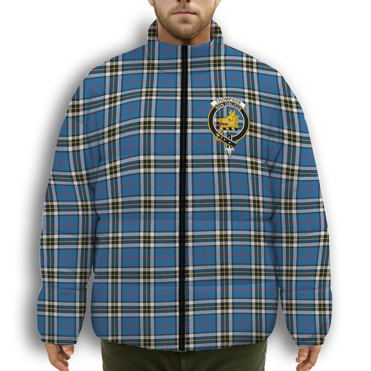 ScotsTee Shop Scottish Thompson Society Dress Blue Modern Crest Tartan Collar Down Jacket Winter White Duck Down Plaid