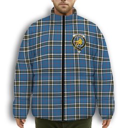 ScotsTee Shop Scottish Thompson Society Dress Blue Modern Crest Tartan Collar Down Jacket Winter White Duck Down Plaid