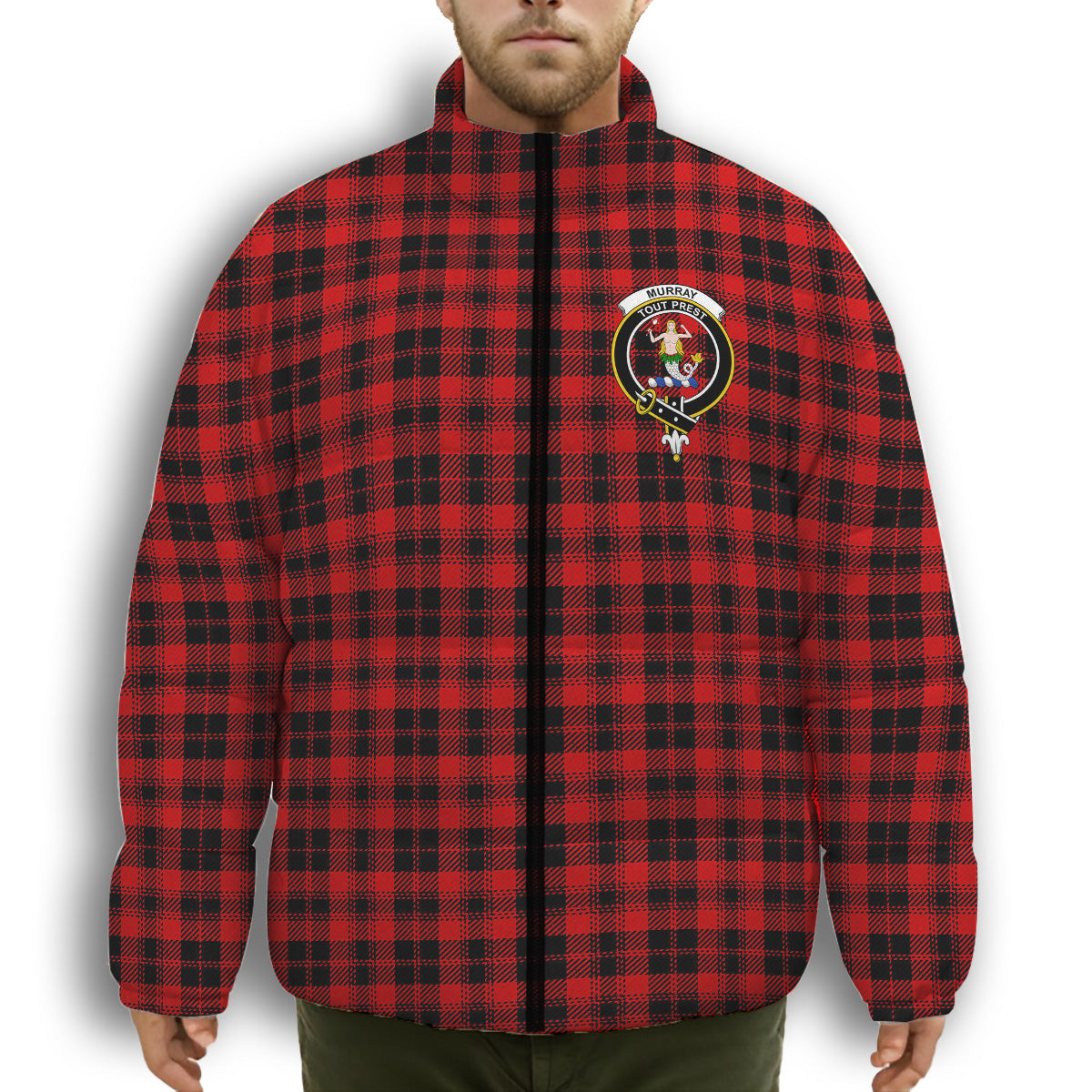 ScotsTee Shop Scottish Murray of Ochtertyre Modern Crest Tartan Collar Down Jacket Winter White Duck Down Plaid
