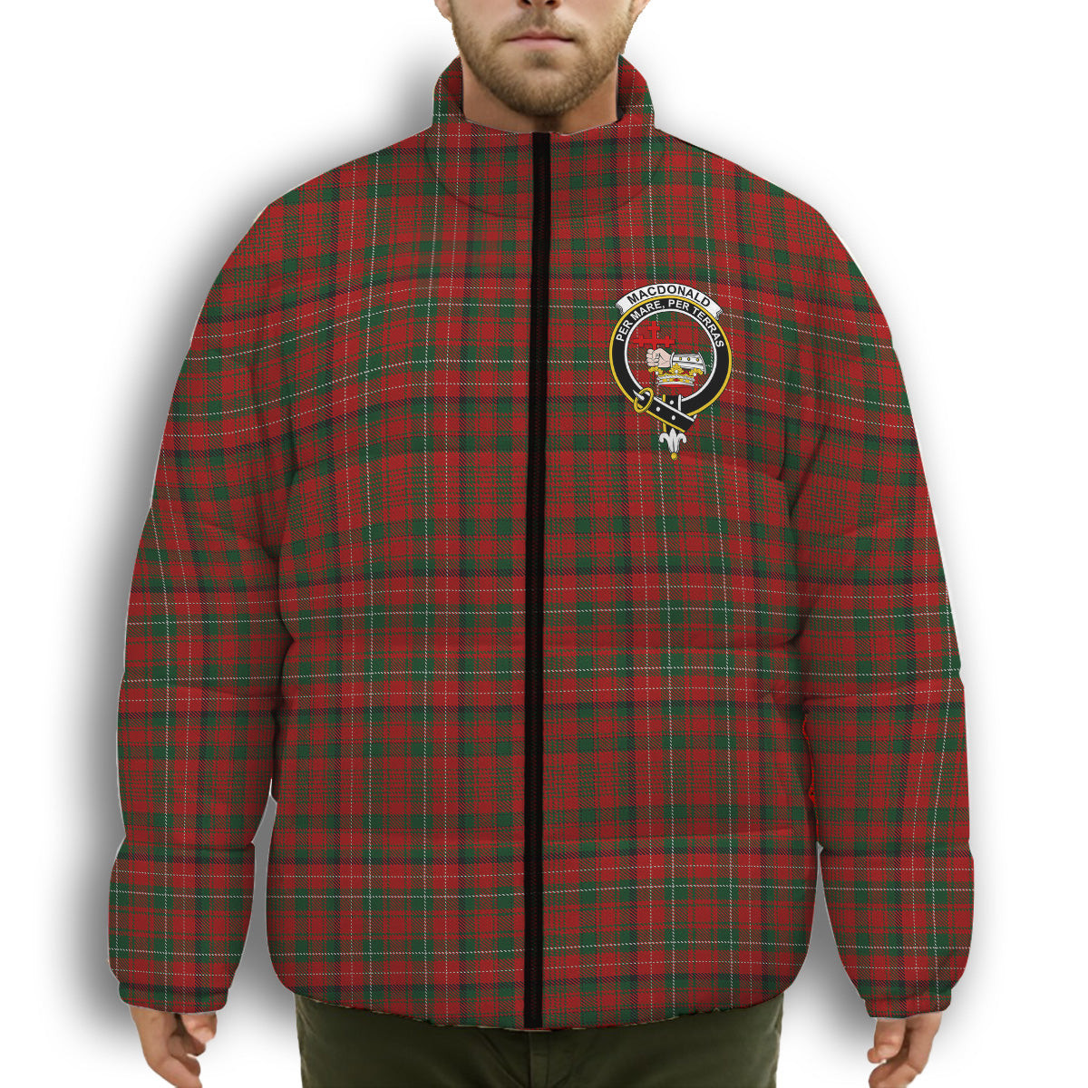 ScotsTee Shop Scottish MacDonald of Staffa 2 Crest Tartan Collar Down Jacket Winter White Duck Down Plaid