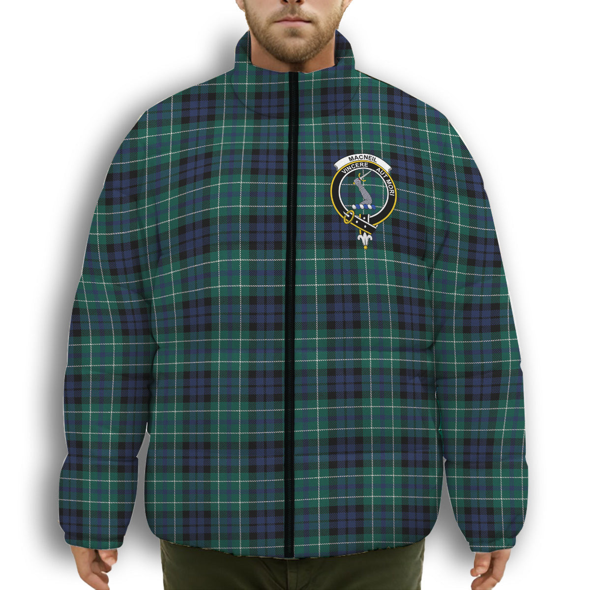 ScotsTee Shop Scottish MacNeill of Colonsay Modern Crest Tartan Collar Down Jacket Winter White Duck Down Plaid