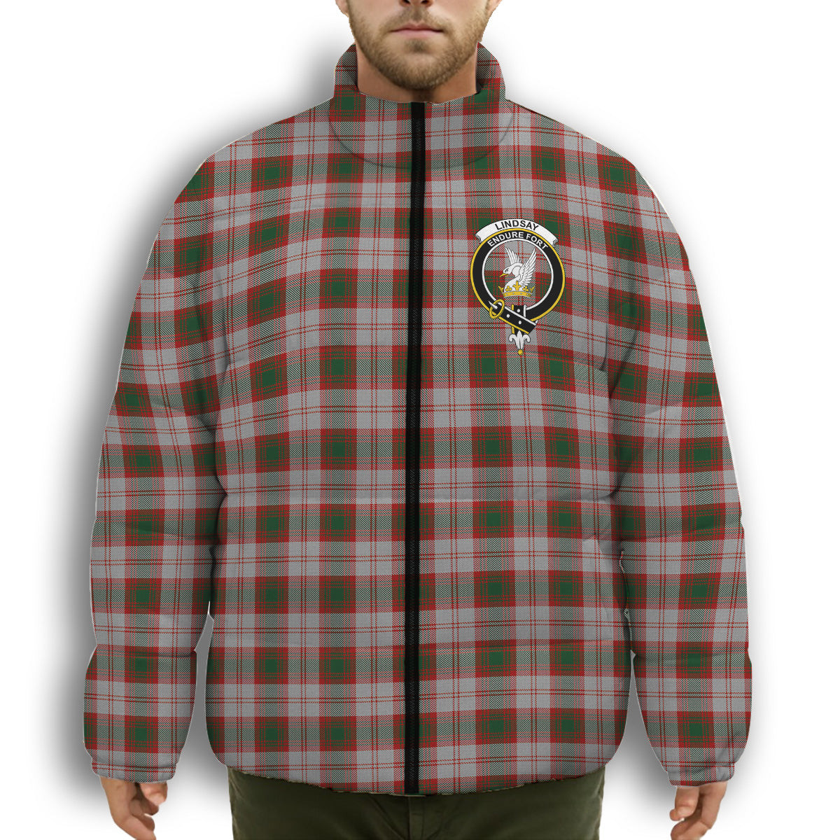 ScotsTee Shop Scottish Lindsay Dress Red Crest Tartan Collar Down Jacket Winter White Duck Down Plaid