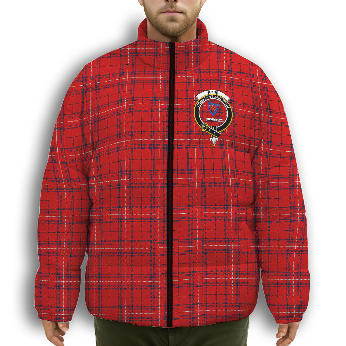 ScotsTee Shop Scottish Rose of Kilravock Modern Crest Tartan Collar Down Jacket Winter White Duck Down Plaid