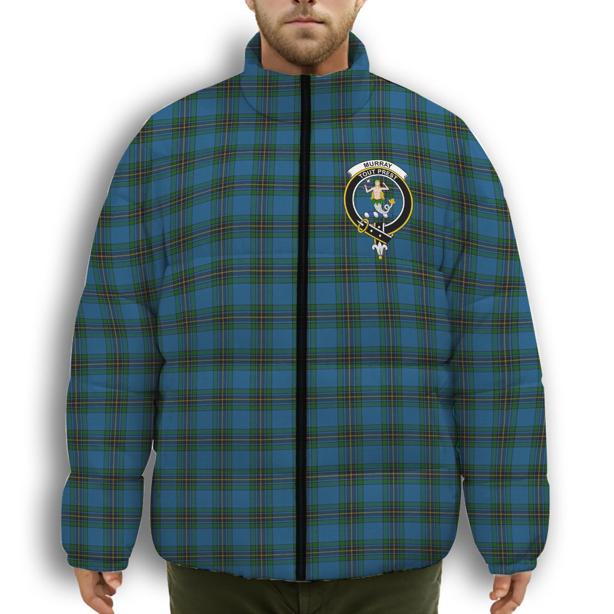 ScotsTee Shop Scottish Murray of Elibank Crest Tartan Collar Down Jacket Winter White Duck Down Plaid