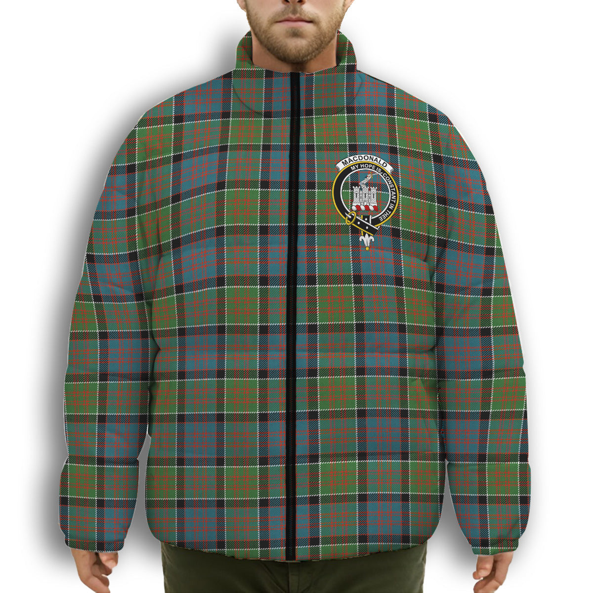 ScotsTee Shop Scottish MacDonald of Clan Ranald Ancient Crest Tartan Collar Down Jacket Winter White Duck Down Plaid