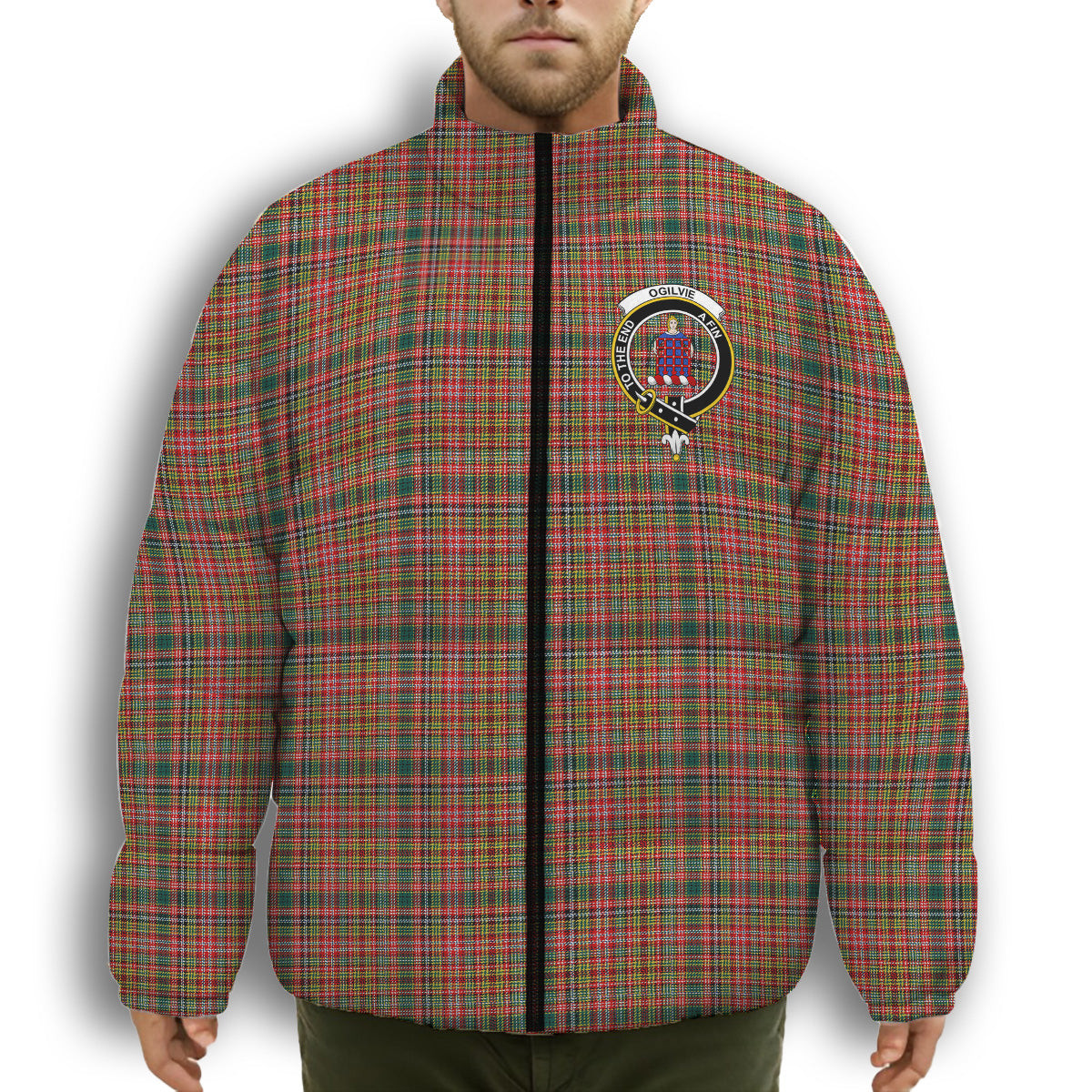 ScotsTee Shop Scottish Ogilvie (Ogilvy) of Strathallan Modern Crest Tartan Collar Down Jacket Winter White Duck Down Plaid