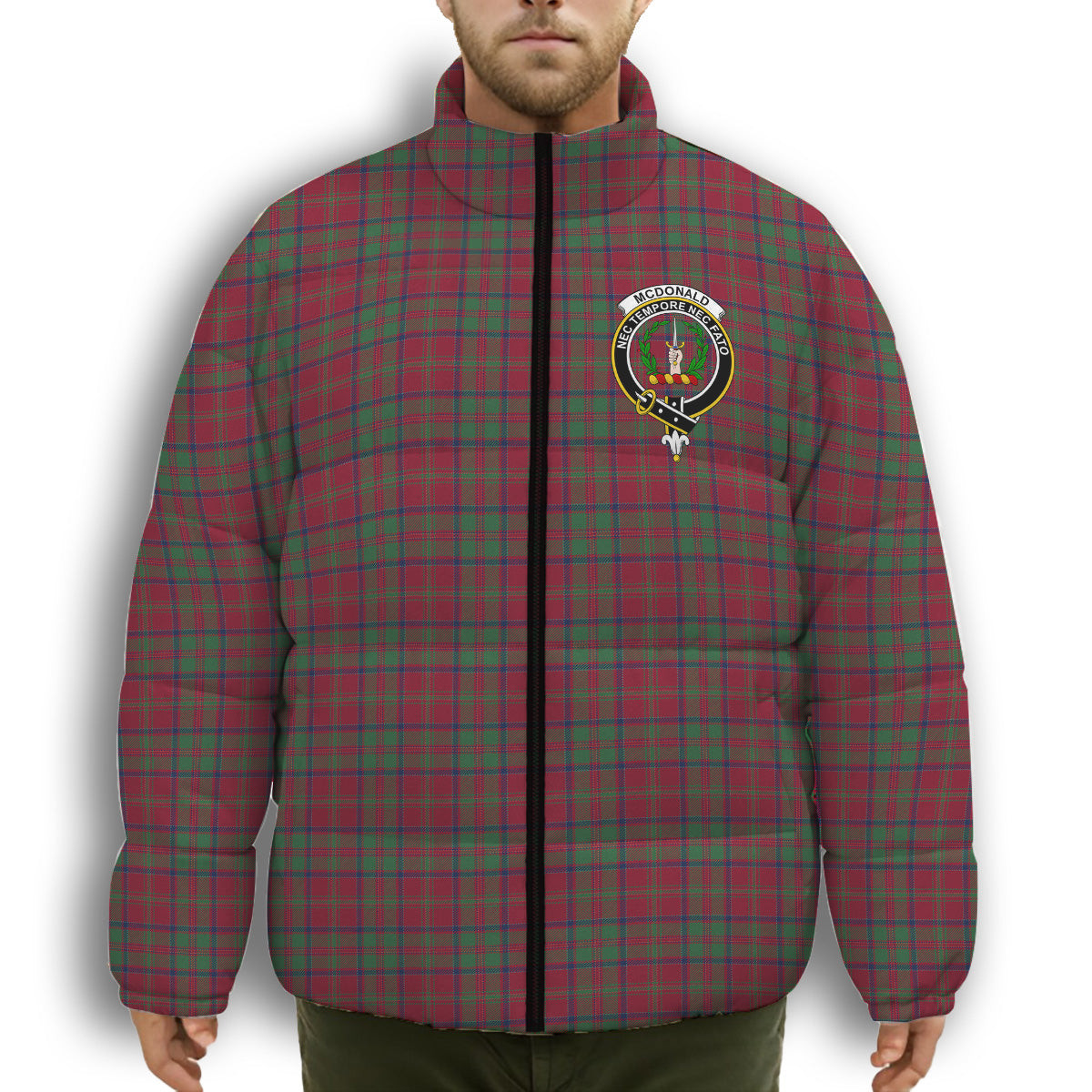 ScotsTee Shop Scottish McDonald of Glencoe Modern Crest Tartan Collar Down Jacket Winter White Duck Down Plaid