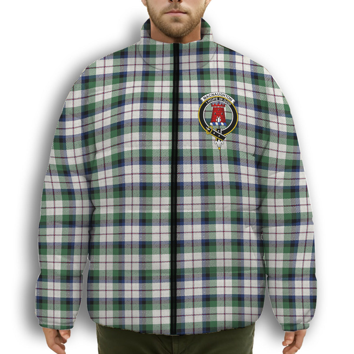 ScotsTee Shop Scottish MacNaughton Dress Modern Crest Tartan Collar Down Jacket Winter White Duck Down Plaid