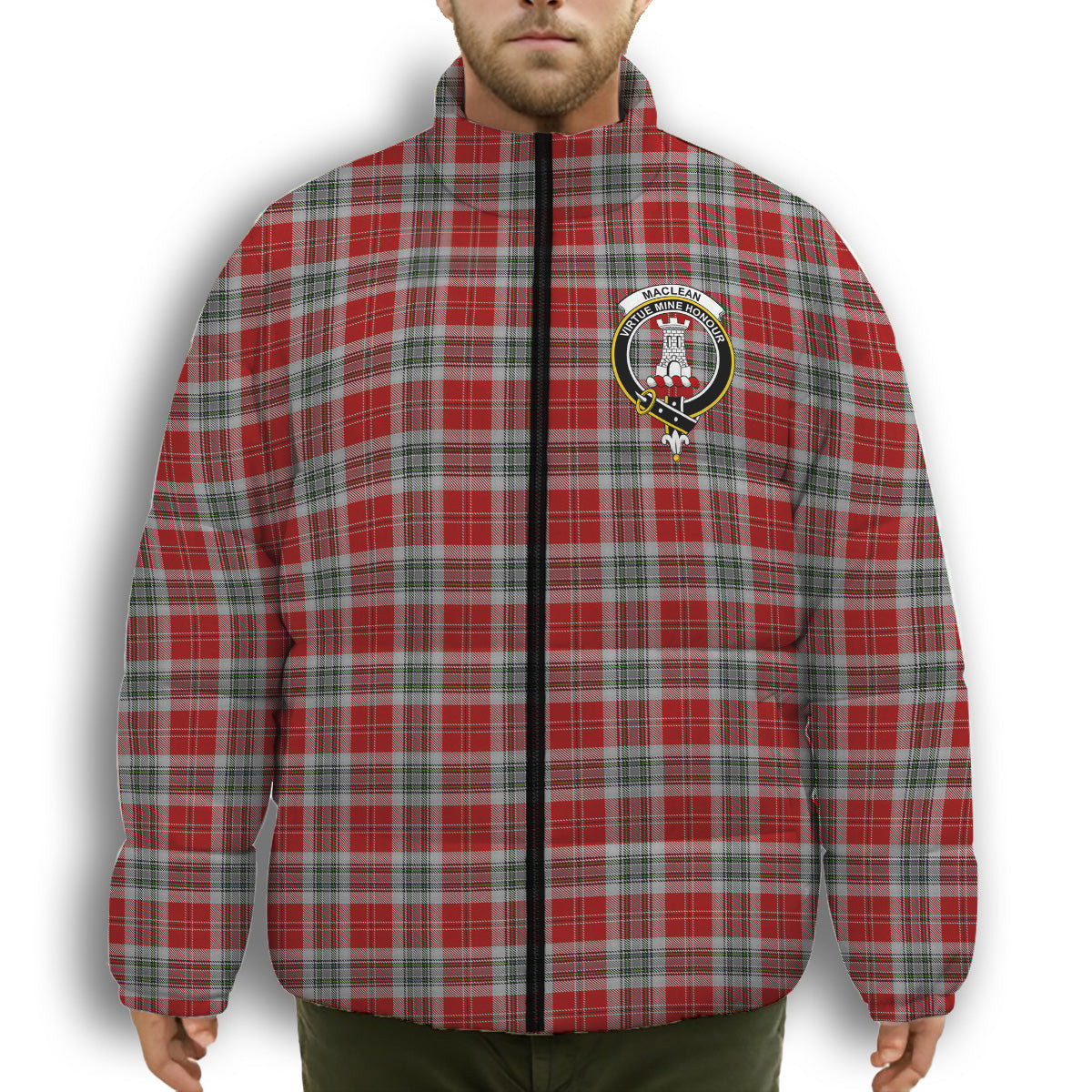 ScotsTee Shop Scottish MacLean of Duart Dress 2 Crest Tartan Collar Down Jacket Winter White Duck Down Plaid