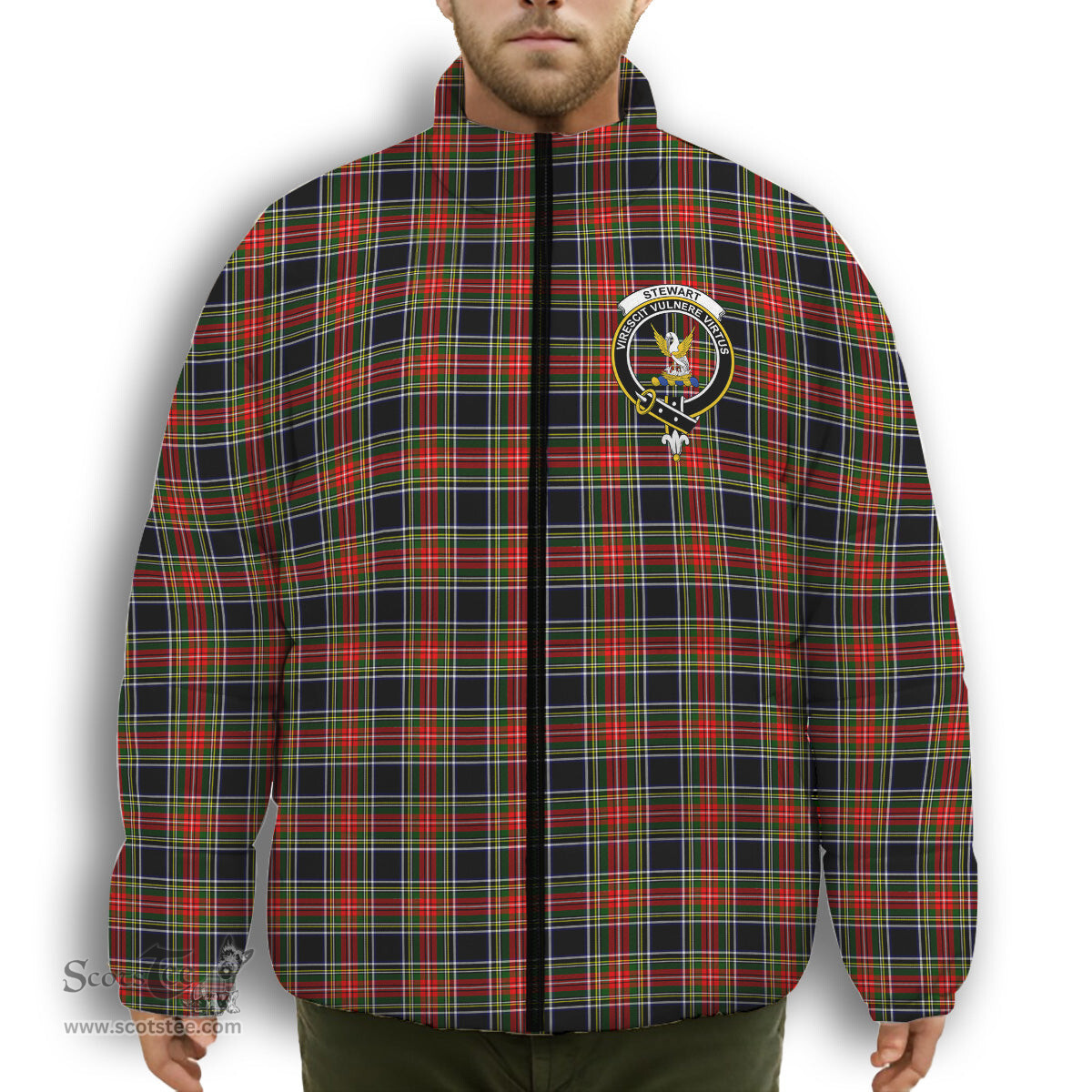 ScotsTee Shop Scottish Stewart High Stewards (Stewart Black) Crest Tartan Collar Down Jacket Winter White Duck Down Plaid